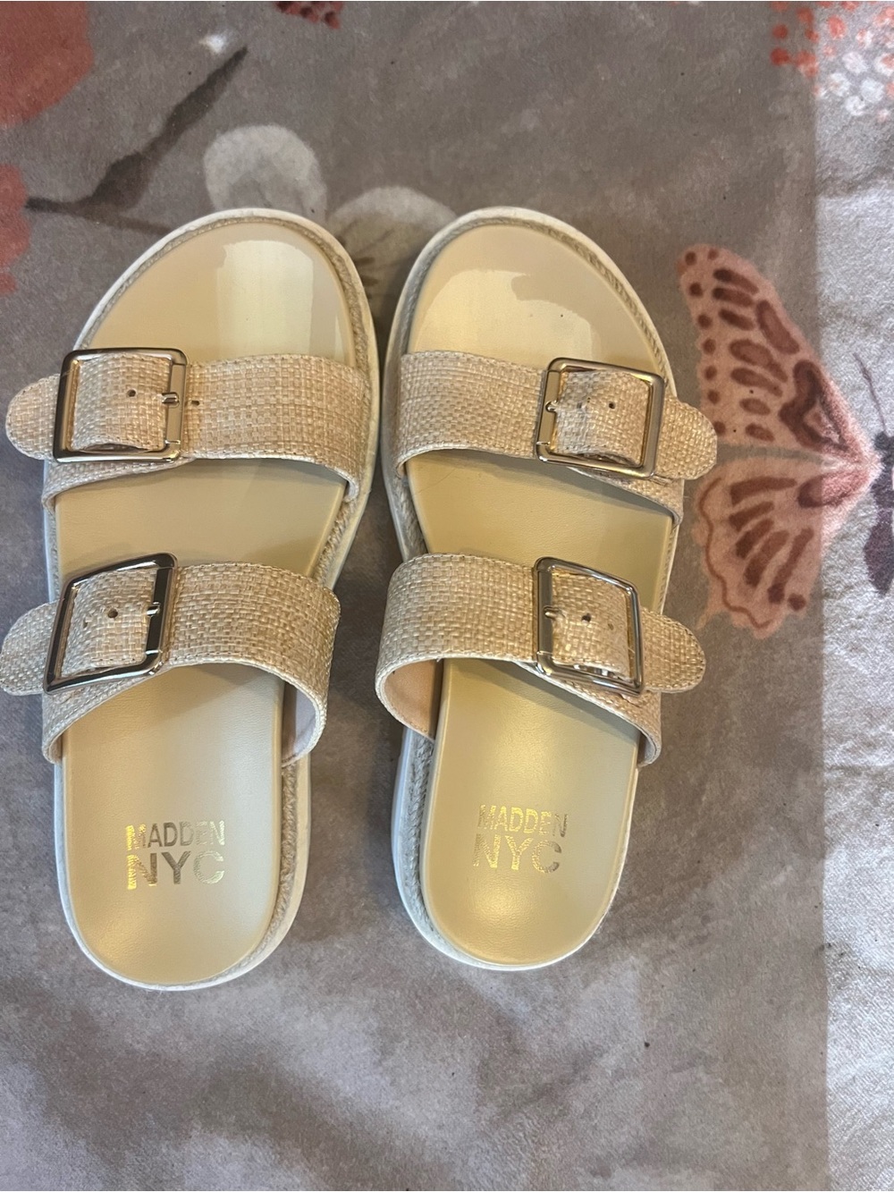 Cream Double-Buckle Slide Sandals